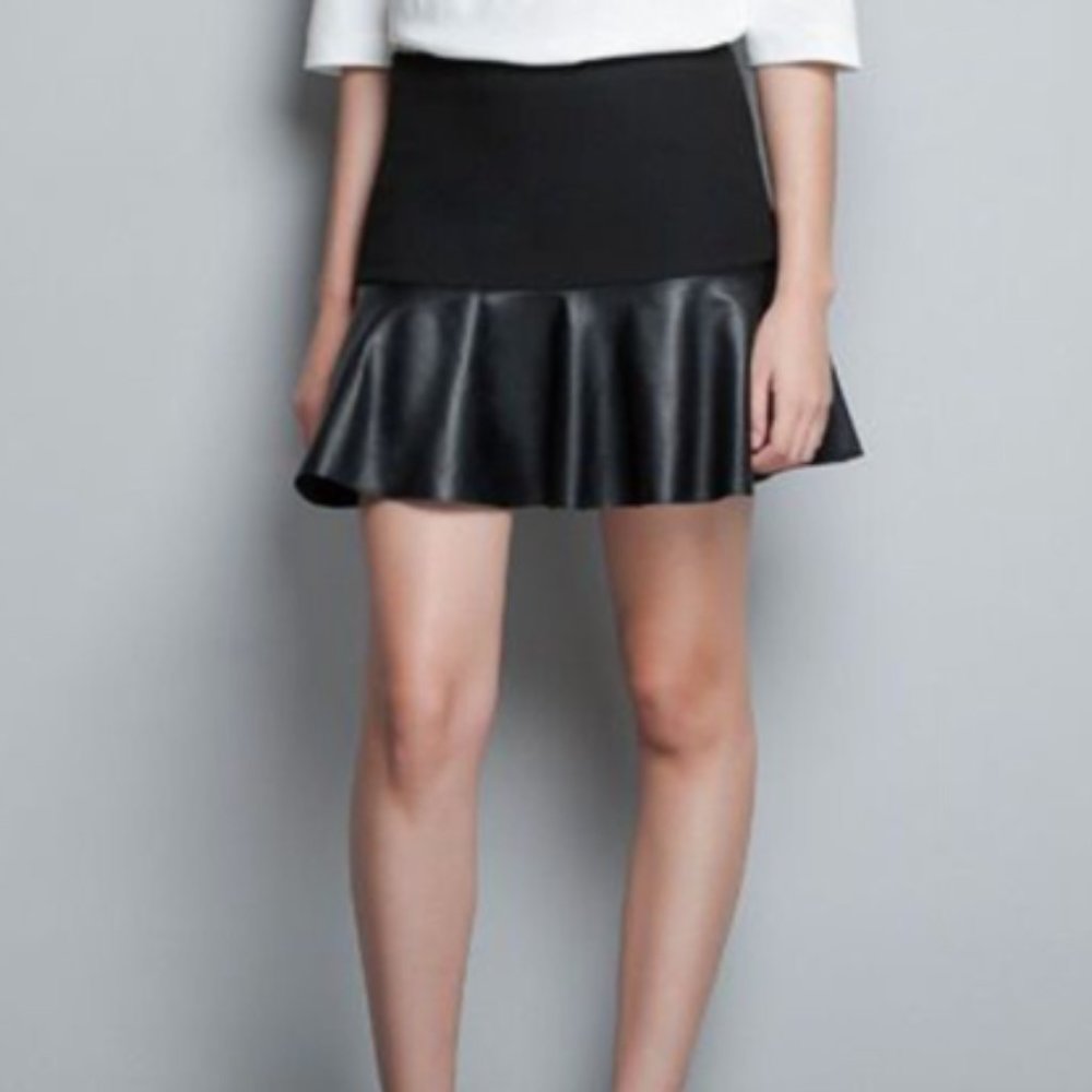 Zara Black Mini Skirt with Faux Leather Peplum Hem